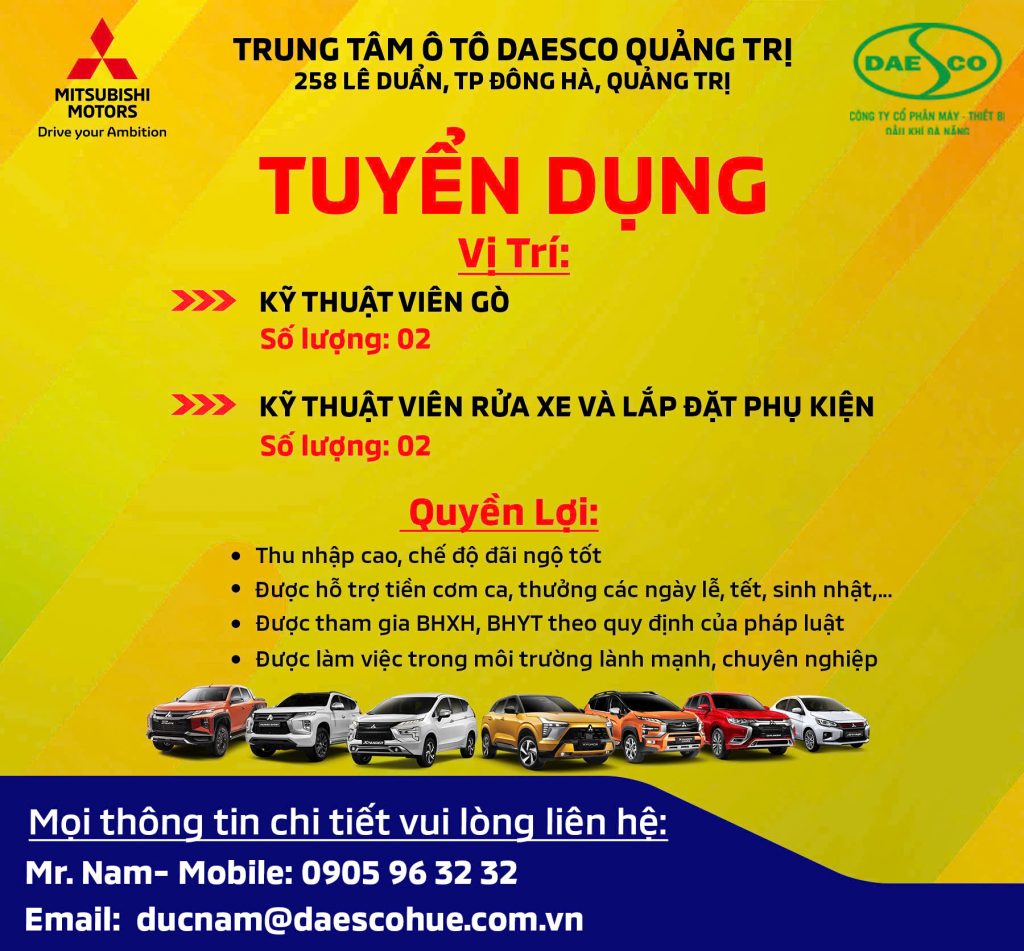 MITSUBISHI DAESCO QUẢNG TRỊ – THÔNG BÁO TUYỂN DỤNG BỔ SUNG NHÂN SỰ CHUẨN BỊ KHAI TRƯƠNG